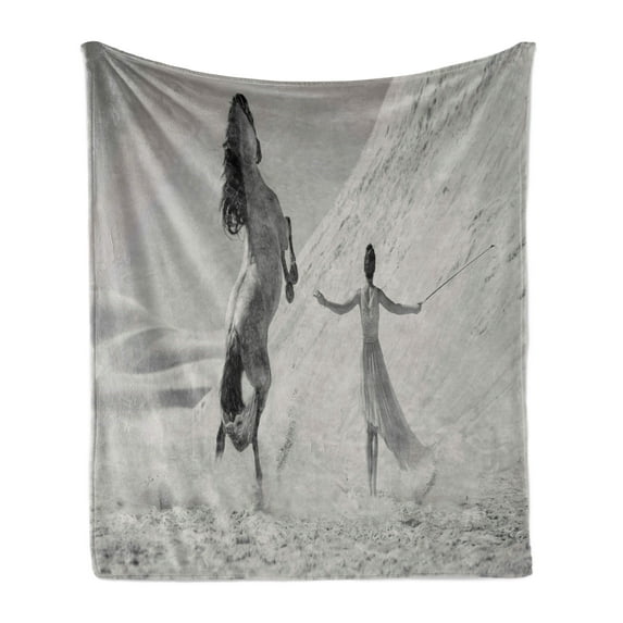 Black and White Soft Flannel Fleece Throw Blanket, Desert Landscape Horse and Lady Fantasy Scenery Monochrome, Cozy Plush for Indoor and Outdoor Use, 60" x 80", Black White Grey, by Ambesonne