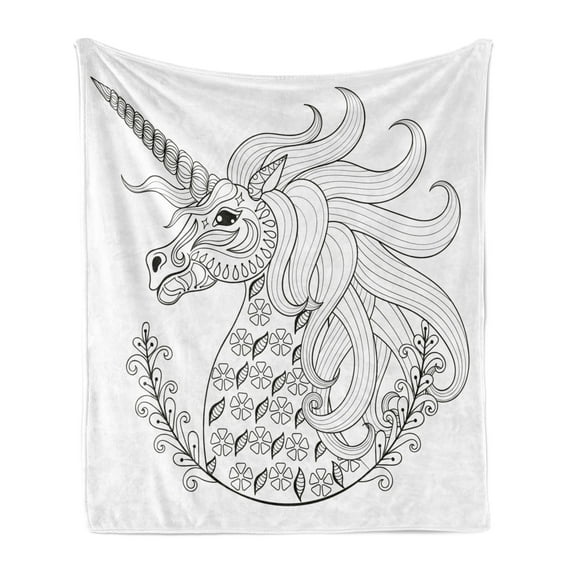 Black and White Soft Flannel Fleece Throw Blanket, Fantasy Animal Unicorn Profile with Floral Ornaments Monochrome Design, Cozy Plush for Indoor and Outdoor Use, 60" x 80", Black White, by Ambesonne