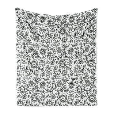 Black and White Soft Flannel Fleece Throw Blanket, Floral Composition Doodle Style Foliage Sketch Abstract Feminine Theme, Cozy Plush for Indoor and Outdoor Use, 70" x 90", Black White, by Ambesonne