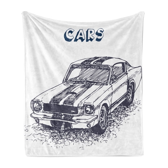 Black and White Soft Flannel Fleece Throw Blanket, Grunge Style Old Nostalgic Sports Car Theme Speed Vehicle Manly Design, Cozy Plush for Indoor and Outdoor Use, 70" x 90", Black White, by Ambesonne