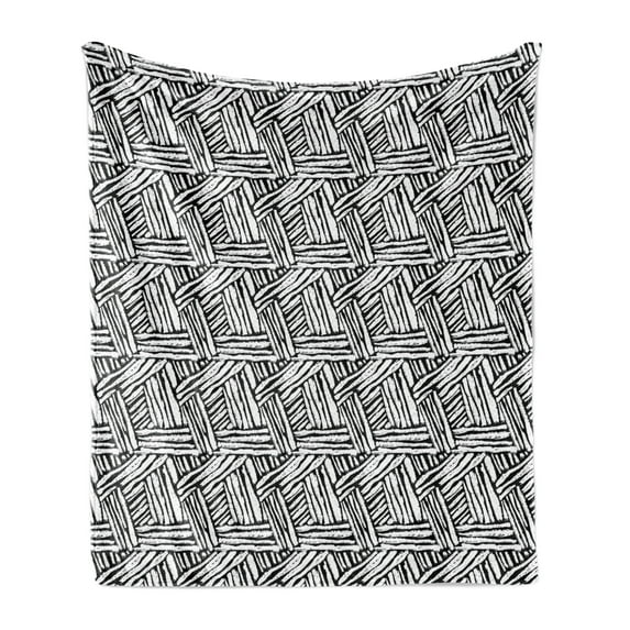 Black and White Soft Flannel Fleece Throw Blanket, Hand Drawn Doodle Style Sketch Brush Strokes Effect Traditional Ink Art, Cozy Plush for Indoor and Outdoor Use, 50" x 70", Black White, by Ambesonne