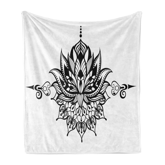Black and White Soft Flannel Fleece Throw Blanket, Lotus Flower Tattoo Art Doodle Purity Flourish Illustration, Cozy Plush for Indoor and Outdoor Use, 70" x 90", Black White, by Ambesonne