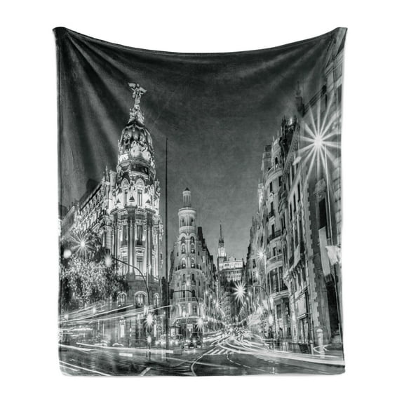 Black and White Soft Flannel Fleece Throw Blanket, Madrid City at Nighttime in Spain Main Street Architecture, Cozy Plush for Indoor and Outdoor Use, 50" x 60", Black White Grey, by Ambesonne