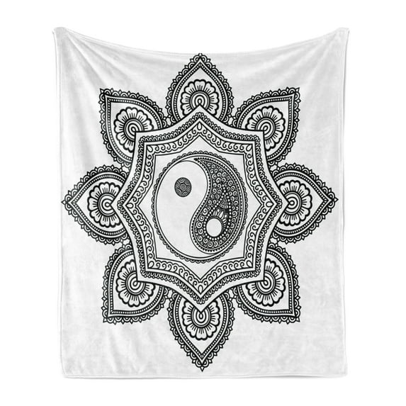 Black and White Soft Flannel Fleece Throw Blanket, Mandala Yin and Yang Flourishing Nature Ornate Petal Design, Cozy Plush for Indoor and Outdoor Use, 50" x 60", Black and White, by Ambesonne