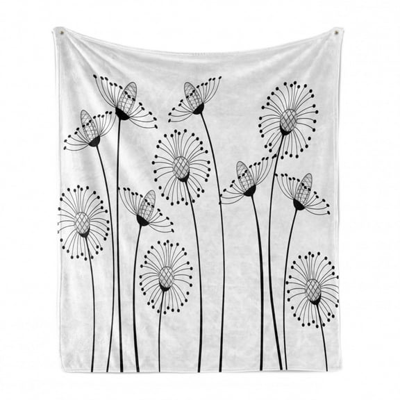 Black and White Soft Flannel Fleece Throw Blanket, Meadow Flowers with Abstract Dandelions in Countryside Artwork, Cozy Plush for Indoor and Outdoor Use, 70" x 90", Black White, by Ambesonne