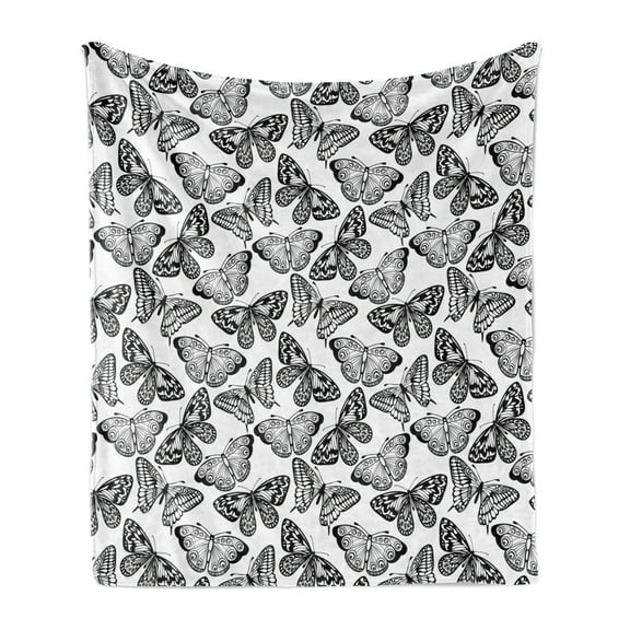 Black and White Soft Flannel Fleece Throw Blanket, Monochrome Assortment of Butterflies Schaus Swallowtails and Birdwings, Cozy Plush for Indoor and Outdoor Use, 50" x 60", Black White, by Ambesonne