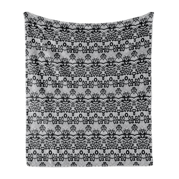 Black and White Soft Flannel Fleece Throw Blanket, Monochrome Lace Pattern with Floral Motifs and Foliage Medieval Design, Cozy Plush for Indoor and Outdoor Use, 50" x 60", Black White, by Ambesonne