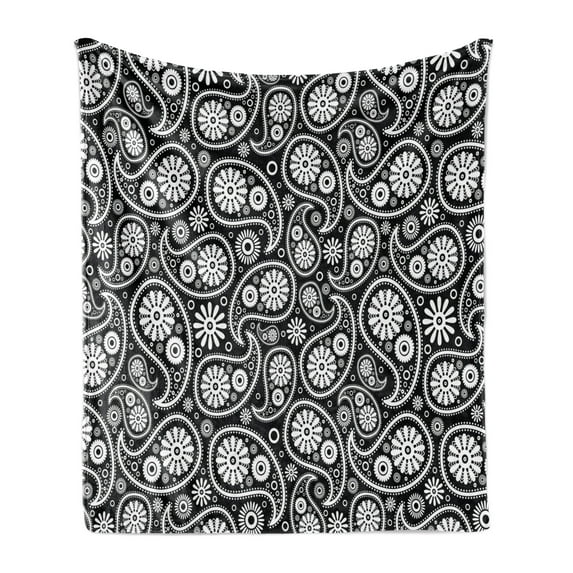 Black and White Soft Flannel Fleece Throw Blanket, Nostalgic Paisley Teardrop Motifs with Florals Persian Culture and Art, Cozy Plush for Indoor and Outdoor Use, 50" x 60", Black White, by Ambesonne