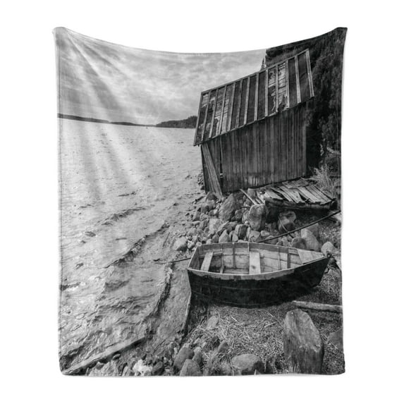 Black and White Soft Flannel Fleece Throw Blanket, Old Wooden Fishing Boat and Abandoned Barn on the Lake Coastal Charm Picture, Cozy Plush for Indoor and Outdoor Use, 70" x 90", Grey, by Ambesonne