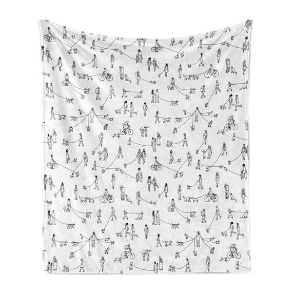 Black and White Soft Flannel Fleece Throw Blanket, People Walking Dogs Daily Life Activity Park Friends Urban Pattern, Cozy Plush for Indoor and Outdoor Use, 50" x 70", Black and White, by Ambesonne