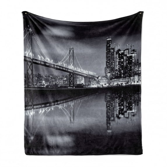 Black and White Soft Flannel Fleece Throw Blanket, San Francisco Bay Bridge Metropolis Panorama View with Skyscrapers Print, Cozy Plush for Indoor and Outdoor Use, 50" x 70", Dark Green, by Ambesonne