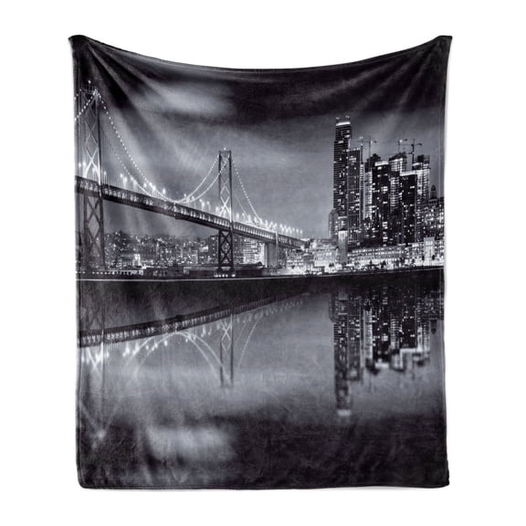 Black and White Soft Flannel Fleece Throw Blanket, San Francisco Bay Bridge Metropolis Panorama View with Skyscrapers Print, Cozy Plush for Indoor and Outdoor Use, 70" x 90", Dark Green, by Ambesonne