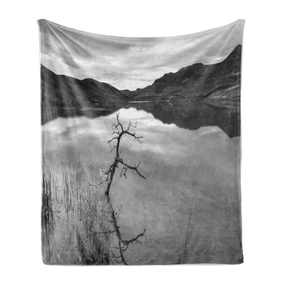 Black and White Soft Flannel Fleece Throw Blanket, Scenic Tranquil Landscape with Lake Nature View Monochrome Photo, Cozy Plush for Indoor and Outdoor Use, 60" x 80", Black White Grey, by Ambesonne