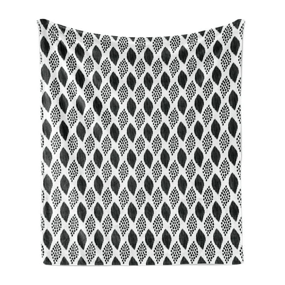 Black and White Soft Flannel Fleece Throw Blanket, Scribble Pattern with Abstract Black Dotted Leaves on White Background, Cozy Plush for Indoor and Outdoor Use, 70" x 90", Black White, by Ambesonne