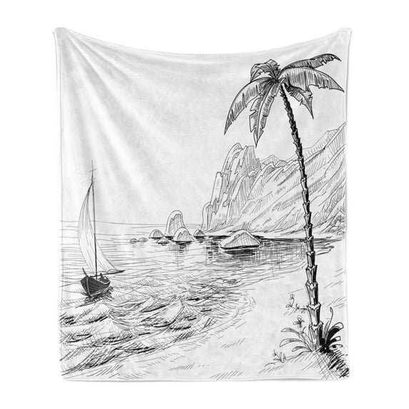 Black and White Soft Flannel Fleece Throw Blanket, Sea Coast Beach with Palm Tree Boat and Hills Exotic Holiday Vacation, Cozy Plush for Indoor and Outdoor Use, 70" x 90", Black White, by Ambesonne