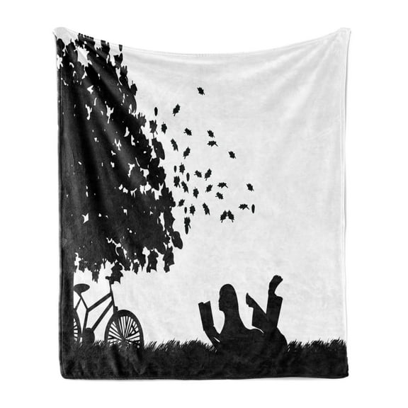 Black and White Soft Flannel Fleece Throw Blanket, Silhouette of a Girl with Bike Reading a Book Under a Tree in Fall, Cozy Plush for Indoor and Outdoor Use, 50" x 60", Black and White, by Ambesonne