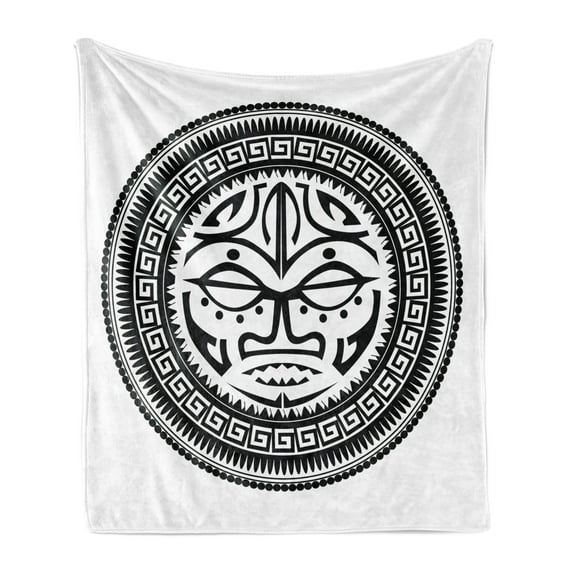 Black and White Soft Flannel Fleece Throw Blanket, Tribal Maori Culture Design with Dots and Curled Stripes Face, Cozy Plush for Indoor and Outdoor Use, 60" x 80", Black and White, by Ambesonne
