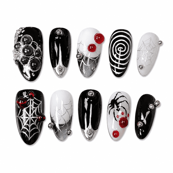Black White Spider Web Press on Nails, Medium Almond Glossy False Nails with Rhinestone Accent, 30 Count