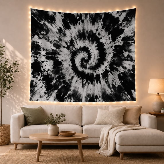 Black and White Spiral Tie-Dye on White Background, Dramatic Psychedelic for Art Enthusiasts, Abstract Monochrome Decor, Birthday Gift, Tapestry Wall Hanging for Bedroom and Living Room