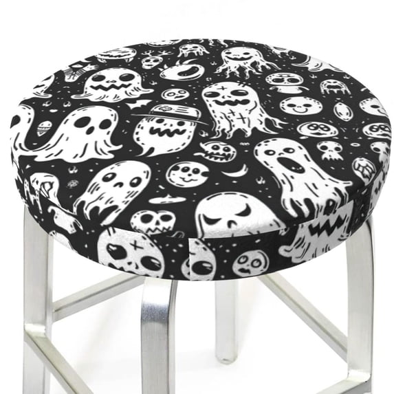 Black White Spooky Ghosts Round Bar Stool Seat Covers, Elastic Round Chair Cover Stool Seat Slipcover Bar Stool Cushions Round Pad for 12-14 inch