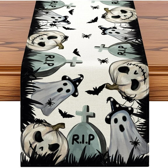 Black White Spooky Gravestone Pumpkin Ghost Halloween Table Runner, Halloween Holiday Kitchen Dining Table Decoration for Fall Home Decor 13x48 Inch