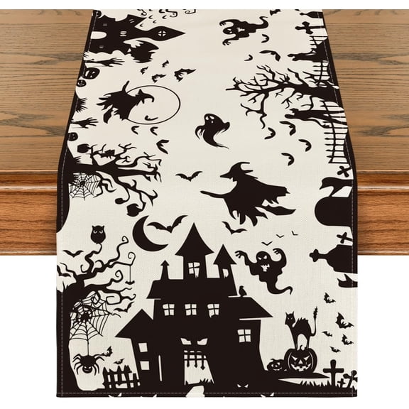 Black White Spooky Haunted House Tree Ghost Witch Halloween Table Runner, Fall Kitchen Dining Table Decoration for Home Party Decor 13x72 Inch