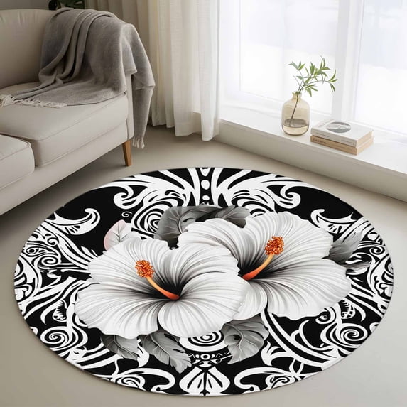 Black White Spring Floral Round Area Rug 4 FT, Non Slip Indoor Outdoor Rug, Summer Botanical Modern Washable Soft Circular Carpet Non-Shedding Floor Mat for Coffee Table Nursery Foyer Balcony