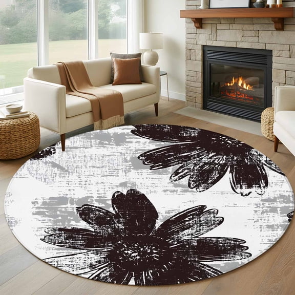 Black White Spring Floral Round Rug 5ft Washable Circle Kitchen Rugs Non Slip Summer Flowers Botanical Large Area Rug Indoor Floor Carpet for Bedroom Living Room Home Office Dining Room Nursery