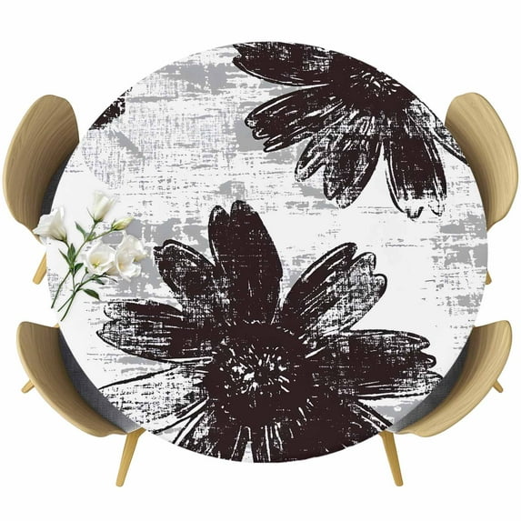Black White Spring Floral Round Tablecloth 36-44 Inch Round Fitted Table Cloth with Elastic Edge, Summer Flowers Botanical Waterproof Table Cover Protector for Outdoor Picnic Party Dining
