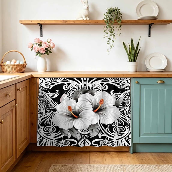 Black White Spring Floral Small Sink Skirt 10"Wx11"L,Dustproof Under Sink Curtain with Self Adhesive Tape,Summer Botanical Modern Cabinet Curtain Cover for Bathroom Vanity,Kitchen Storage Shelf,RV