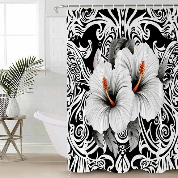 Black White Spring Floral Small Stall Shower Curtain, Waterproof Shower Curtains for Bathroom, Summer Botanical Modern Washable Fabric Cloth Bath Curtain for Bathtub with Hooks 36x72 Inches