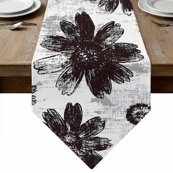 Black White Spring Floral Table Runner Linen Burlap Table Runner 72 Inches Long Summer Flowers Botanical Dresser Scarves for Kitchen Island Coffee Dining Party Wedding Banquet Holiday Decor 14"x72"