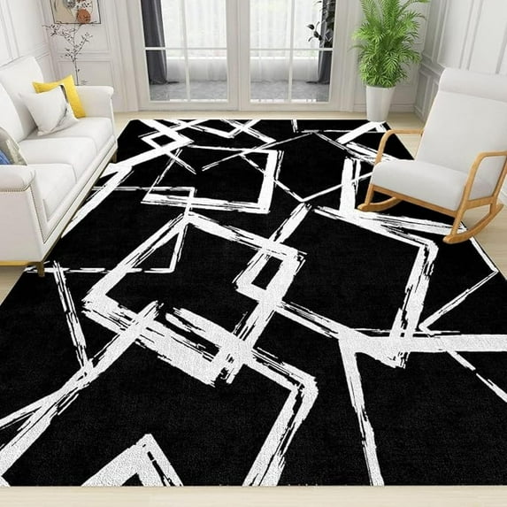 Black And White Square Boys Rugs For Bedroom, Contemporary Abstract Print Kids Room Rug Soft Fuzzy Washable For Living Room Game Room Coffee Table 4x6ft