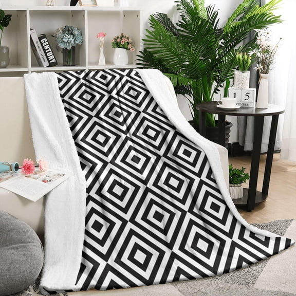Black White Square Checkered Pattern Blanket,Comfortable Soft Lamb Wool Throw Blanket,All Season,Warm Lightweight Blankets for Sofa Bed Couch Living Room Chair,50"x60"