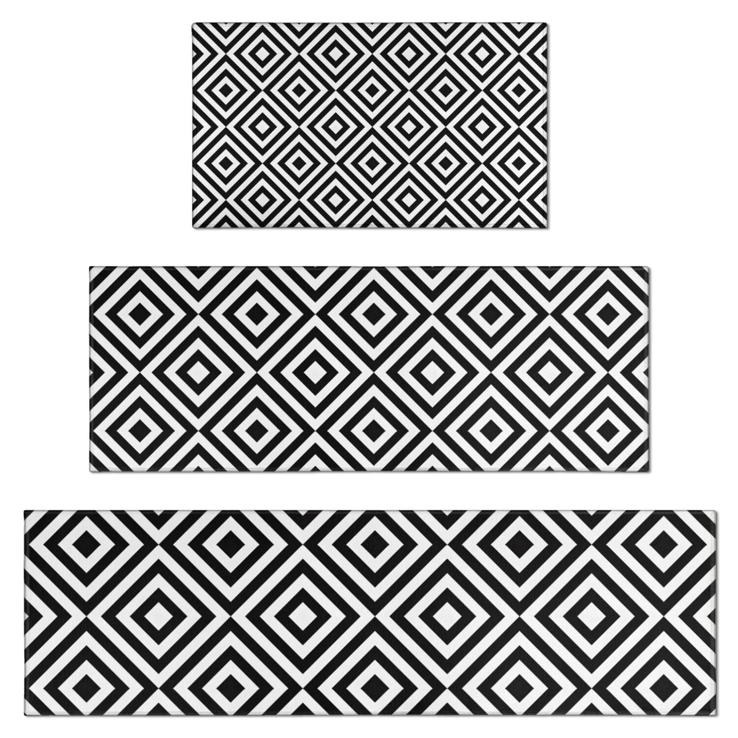 Black White Square Checkered Pattern Kitchen Rugs Sets Of 3,Kitchen ...