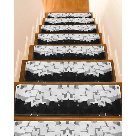 Black White Stair Treads for Wooden Steps Indoor Runner Rug Carpet, Abstract Graffiti Paint Country Retro Tribal 7 Pieces Peel and Stick Staircase Step Treads Covers Washable Throw Door Mats, 30"x8"