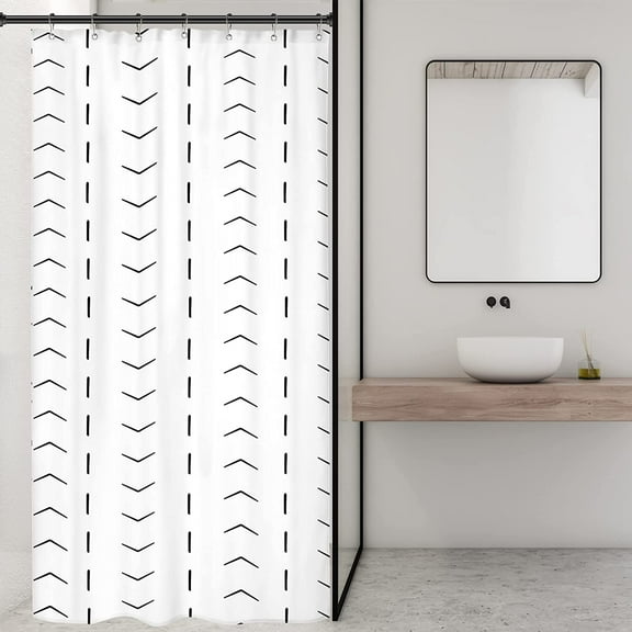 Black White Stall Small Boho Bohemian Dorm Shower Curtain Liner Half Little Size 36x72 Inch Single Narrow Tiny Walkin Rv Stand Up Camper Geometric Chevron Striped Herringbone Bathroom Decor