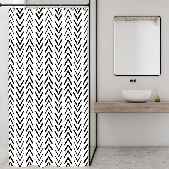 Black White Stall Small Half Size Shower Curtain 36x72 Inch Geometric Chevron Herringbone Striped RV Single Narrow Tiny Walkin Dorm Decor Fabric Bathroom Set Polyester Waterproof