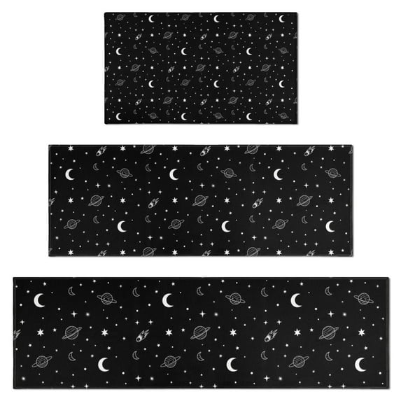 Black White Star Moon Planet Comet Pattern Kitchen Rugs Sets Of 3,Kitchen Runner Rugs Non Skid Washable,Decorative Kitchen Floor Mats for Kitchen,Sink,Laundry,17"x30"+ 17"x47" + 17"x59"