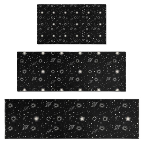 Black White Star Moon Planet Pattern Kitchen Rugs Sets Of 3,Kitchen Runner Rugs Non Skid Washable,Decorative Kitchen Floor Mats for Kitchen,Sink,Laundry,17"x30"+ 17"x47" + 17"x59"