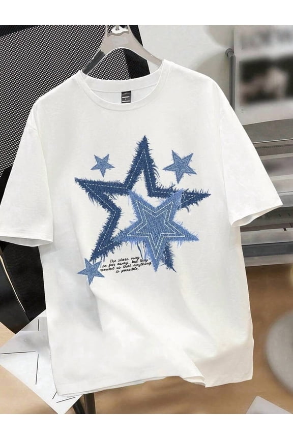 Black/White Star Tee with Frayed Detailing and Inspirational Slogan T-Shirt