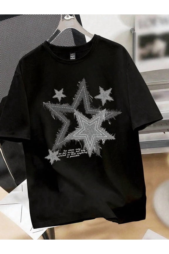 Black/White Star Tee with Frayed Detailing and Inspirational Slogan T-Shirt
