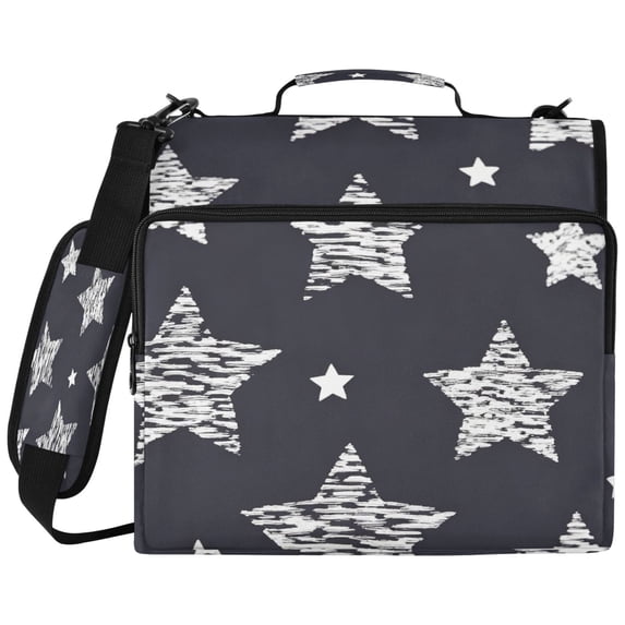 Black White Stars Printed Zipper Binder with Handle&Shoulder Strap 2 inch 3 Ring 500+300 Sheet Capacity File Folder Organizer