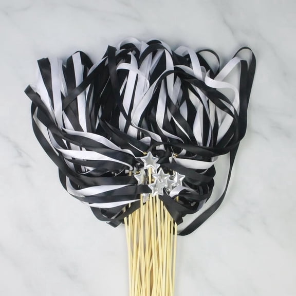 Black White Sticks Wand - Wedding Send Off Ribbon Stick Streamers with Star & Bells, Fairy Ribbon Wish Wands Waving Stick