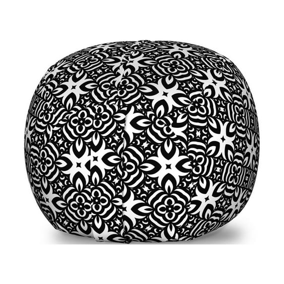 Black and White Storage Toy Bag Chair, Abstract Checkered Pattern Design with Monochrome Floral Details Vintage, Stuffed Animal Organizer Washable Bag, Small Size, Black White, by Ambesonne