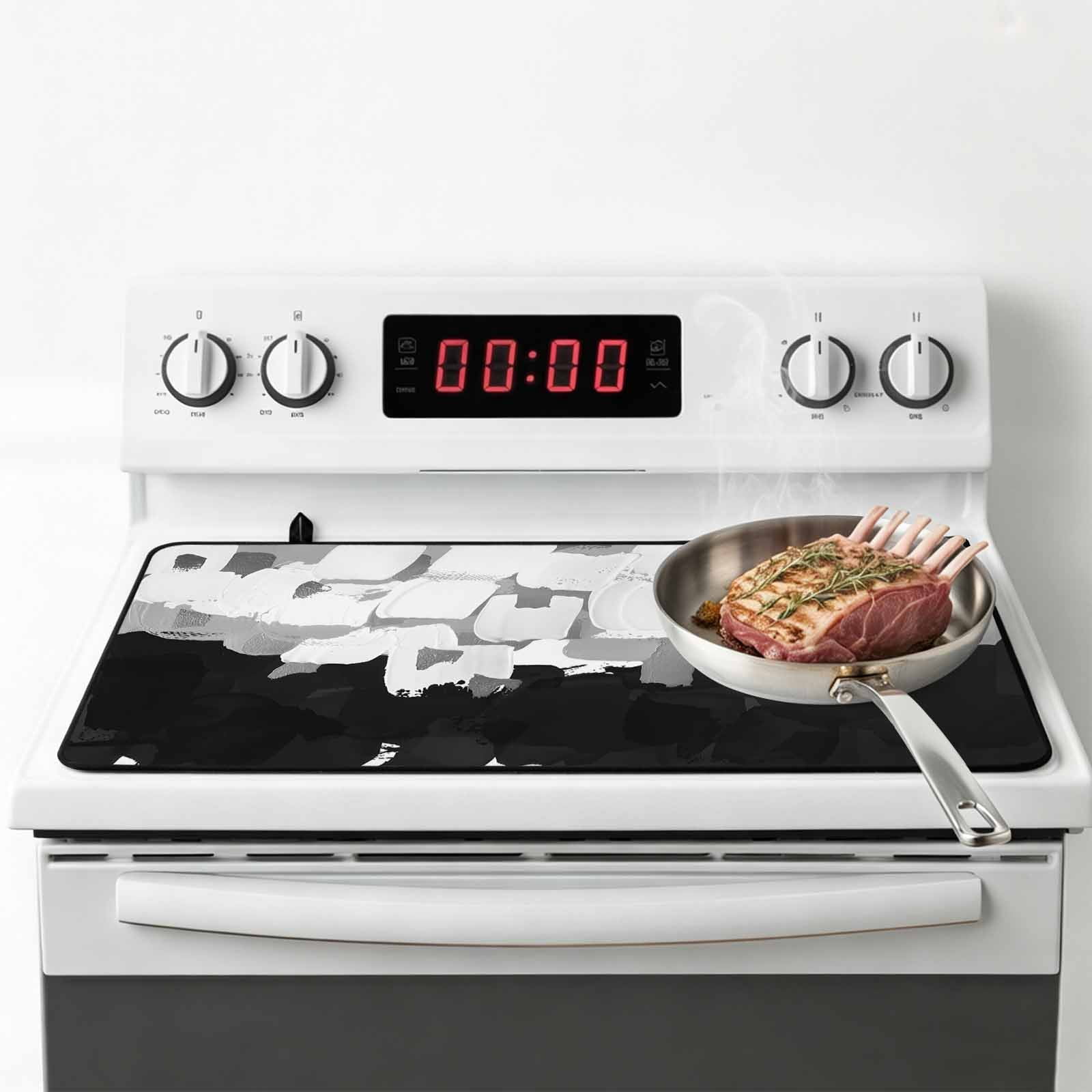 Black White Stove Top Cover for Electric Stove, Heat-proof & Non Slip Glass Top Stove Cover Protector, Abstract Graffiti Paint Country Retro Tribal Kitchen Flat Cooktop Rubber Mat 24x21 Inches