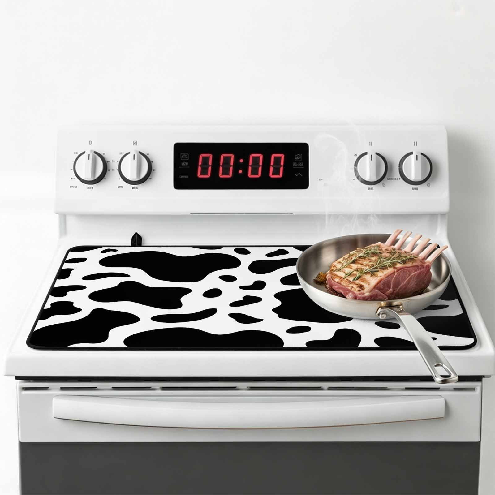 Black and White Stove Top Cover for Electric Stove, Heat-proof & Non Slip Glass Top Stove Cover Protector, Farmhouse Cow Black White Kitchen Flat Cooktop Rubber Mat 24x21 Inches