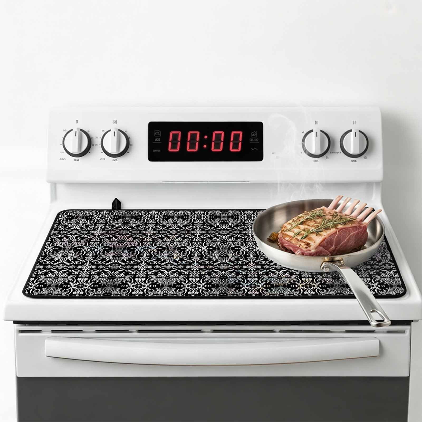 Black and White Stove Top Cover for Electric Stove, Heat-proof & Non Slip Glass Top Stove Cover Protector, Modern Moroccan Geometric Abstract Art Kitchen Flat Cooktop Rubber Mat 24x21 Inches