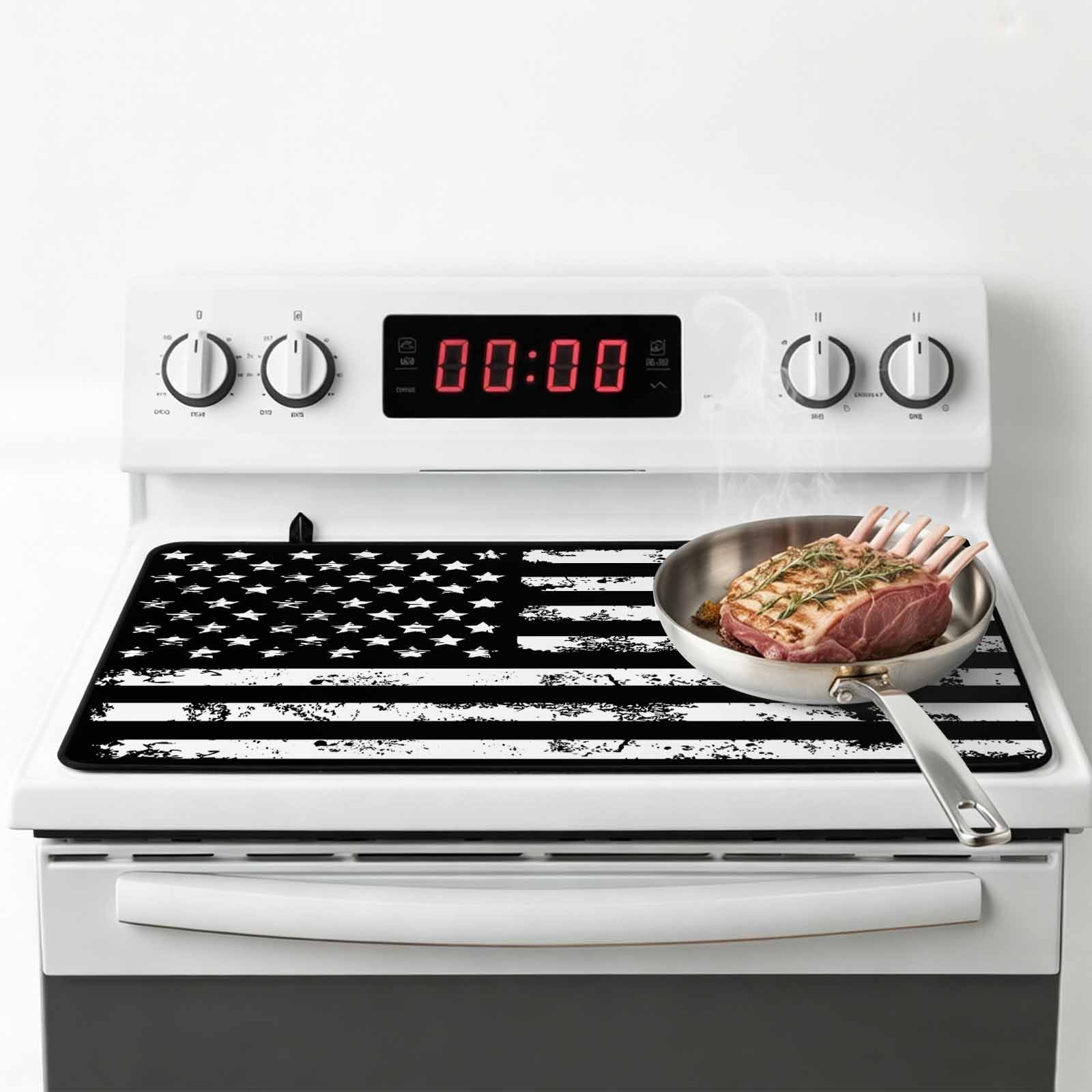 Black White Stove Top Cover for Electric Stove, Heat-proof & Non Slip Glass Top Stove Cover Protector, Retro Stars Stripes Flag Shabby Chic Texture Kitchen Flat Cooktop Rubber Mat 24x21 Inches