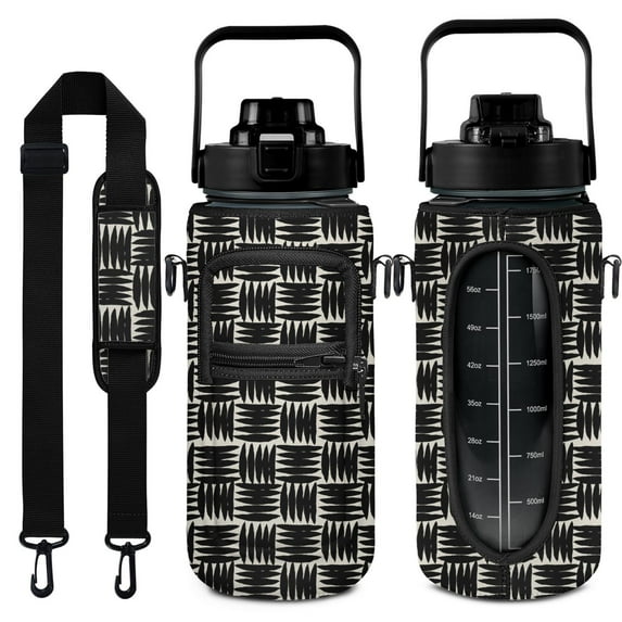 Black & White Stripe 64 Oz Water Bottle with Measurements - BPA Free Leakproof Sport Large Plastic Water Bottle with Straw Strap & Insulated Neoprene Holder Carrier Bag Great Gift for Women Men